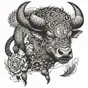 Fire-breathing ox charging through a clock face set at 10am tattoo design idea