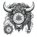 Fire-breathing ox charging through a clock face set at 10am tattoo design idea
