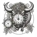 Fire-breathing ox charging through a clock face set at 10am tattoo design idea
