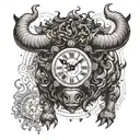 Fire-breathing ox charging through a clock face set at 10am tattoo design idea