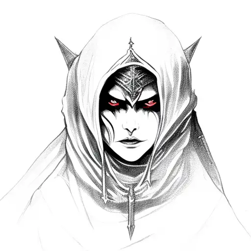 dark evil witch in hooded cloak with sword tattoo design idea