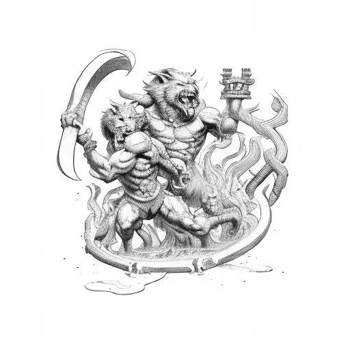 2 scenes heracles pulling cerberus from the hell and Heracles taking back cerberus from the hell  tattoo design idea