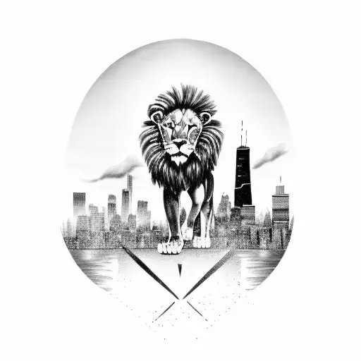 chicago city with sunset with sun rays background with a lion walking over the city  tattoo design idea