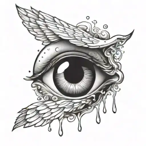 eye ball with tear drops floating in a cloud with wings tattoo design idea