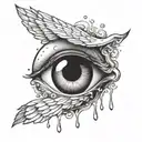 eye ball with tear drops floating in a cloud with wings tattoo design idea