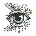 eye ball with tear drops floating in a cloud with wings tattoo design idea