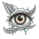 eye ball with tear drops floating in a cloud with wings tattoo design idea