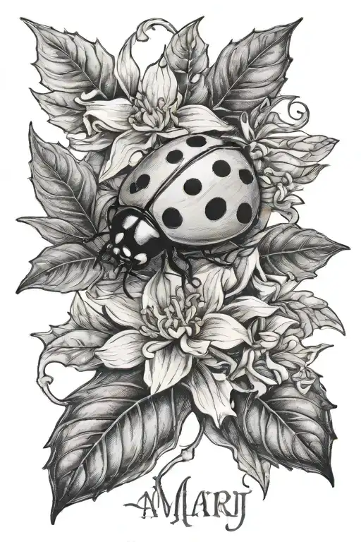 ladybug sitting on holly and narcissus  flowers and the word A'Mari tattoo design idea
