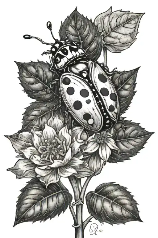 ladybug sitting on holly and narcissus  flowers and the word A'Mari inside tattoo design idea