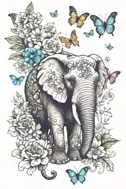 elephant with flowers and butterflies tattoo design idea