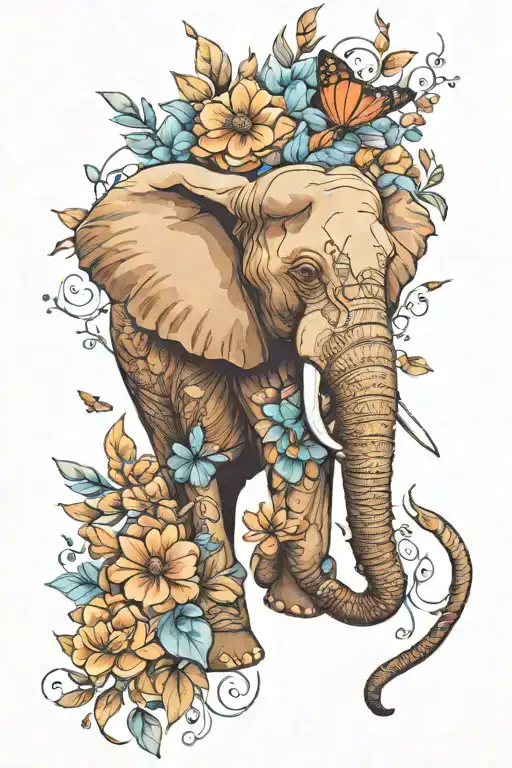 full arm sleeve elephant with flowers and butterflies around it  tattoo design idea