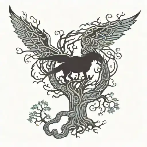 A mystical forest with Viking runes carved into the trees, and a dragon flying overhead tattoo design idea