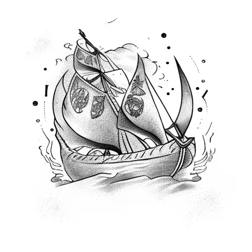 Viking ship sailing through stormy seas with a Vigvisir symbol on the mast tattoo design idea