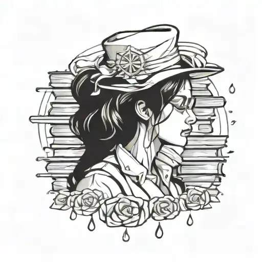 A dreamy portrait of a nurse surrounded by floating books and water droplets, embodying the client's passion for nursing and fantasy literature tattoo design idea