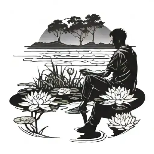 A silhouette of a person sitting by a tranquil lake, surrounded by blooming water lilies and listening to the soothing sound of water ripples tattoo design idea