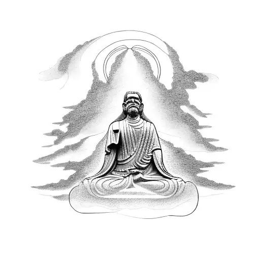 A stone sculpture of a stoic philosopher meditating in the midst of a thunderstorm tattoo design idea