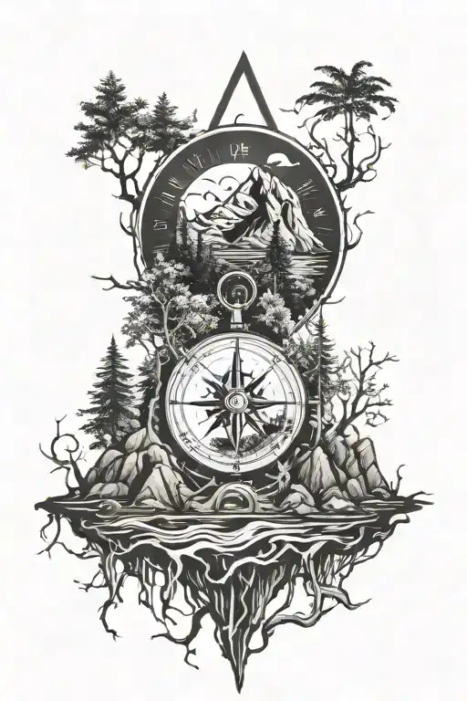 Mountains with compass and tree roots leading to it tattoo design idea