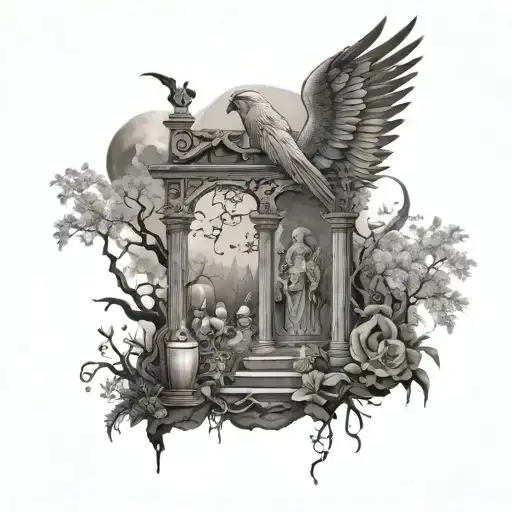 Incorporate symbols of Umbanda and Candomble into a mystical cemetery scene tattoo design idea