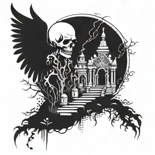 Incorporate symbols of Umbanda and Candomble into a mystical cemetery scene tattoo design idea