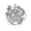 A Celtic dragon breathing fire above a gym dumbbell with the words 'tan y ddraig yn fy ngwaed' wrapped around it tattoo design idea