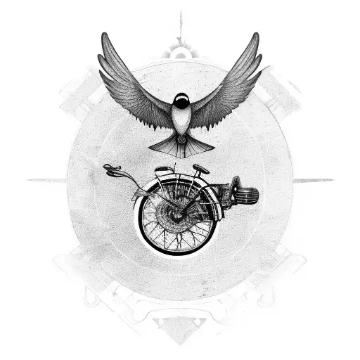 A bird in flight with a motorcycle wheel as its body, combining the client's love for flying and riding tattoo design idea
