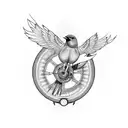 A bird in flight with a motorcycle wheel as its body, combining the client's love for flying and riding tattoo design idea