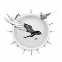 A bird in flight with a motorcycle wheel as its body, combining the client's love for flying and riding tattoo design idea