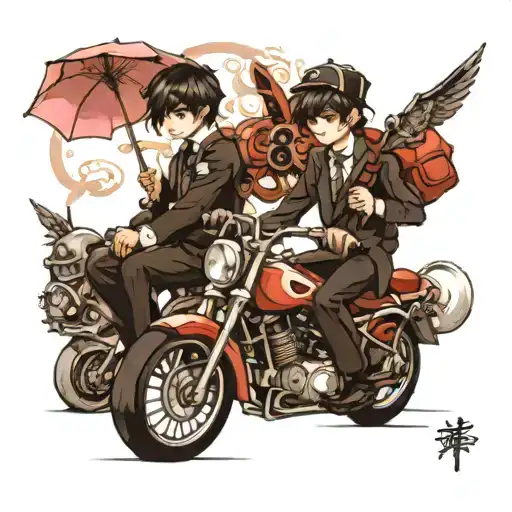two boys in lolita fashion on motorcycle  tattoo design idea
