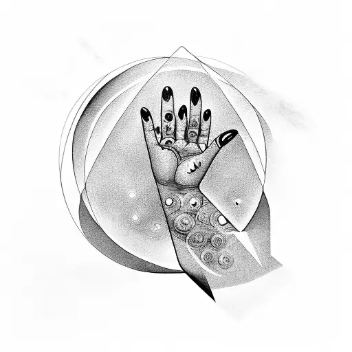 female hands with squared nails holding a universe and magic in between them tattoo design idea