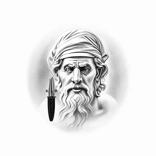 Ancient Greek philosopher holding a dental tool tattoo design idea