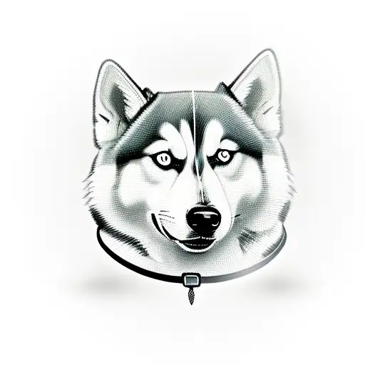 An adorable cartoon husky wearing a radiation symbol collar tattoo design idea