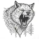 wolf snarling in woods tattoo design idea