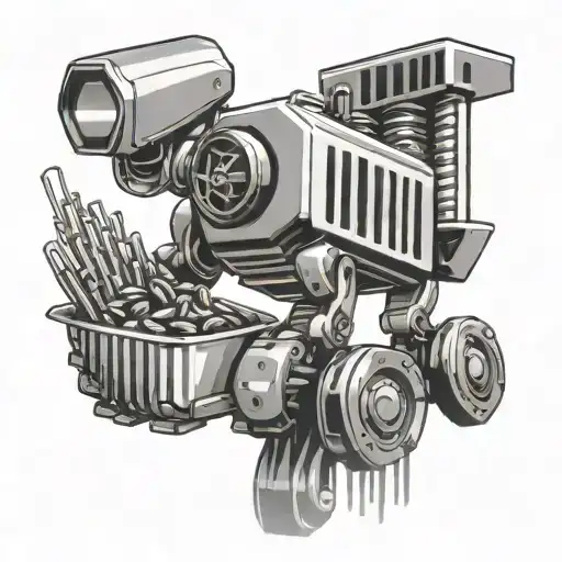 Incorporate a stylized barcode into a design of a food-themed robot, blending the client's love for technology and food tattoo design idea