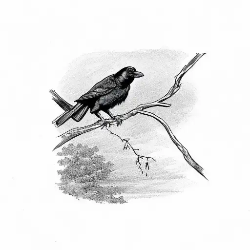 A crow sitting on a branch. This crow should be designed as a symbol of power and knowledge. tattoo design idea