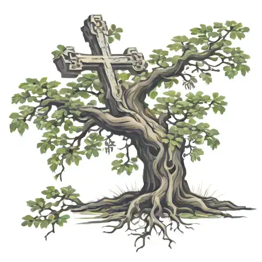 oak tree with leaves and roots with a cross as the trunk tattoo design idea