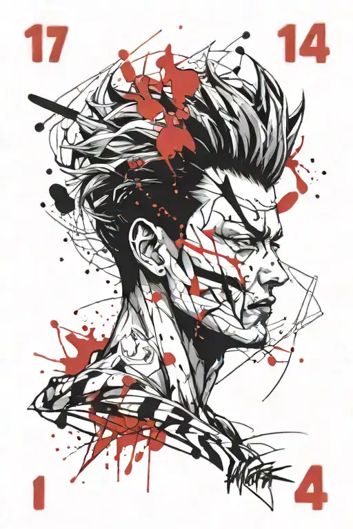 card from " Hunter Hunter" with hisoka face and number 44 and have good and bad site tattoo design idea