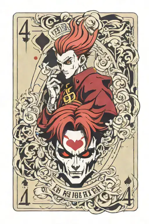 card styled on anime " Hunter Hunter" with hisoka and number 44 tattoo design idea