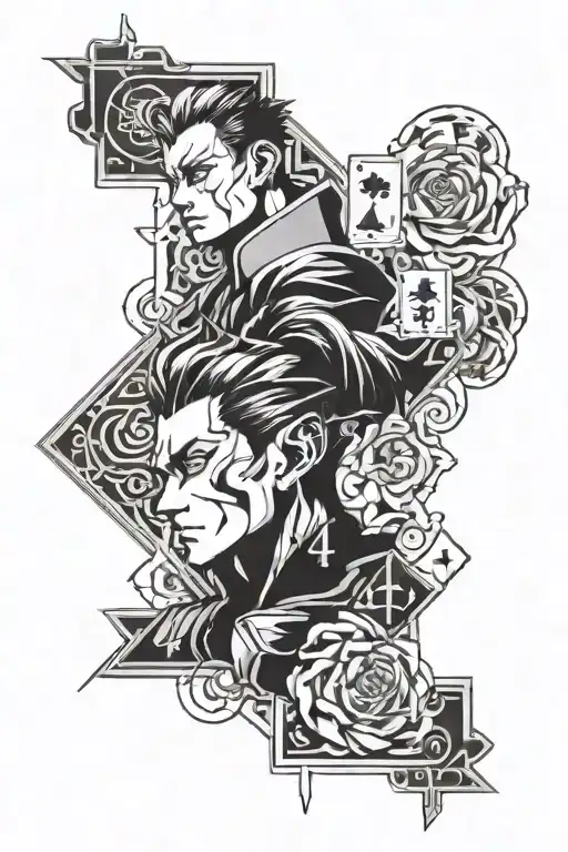card from " Hunter Hunter" with hisoka face and number 44 and have good and bad site tattoo design idea