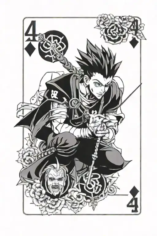 card from " Hunter Hunter" with hisoka and number 44 and have good and bad site tattoo design idea