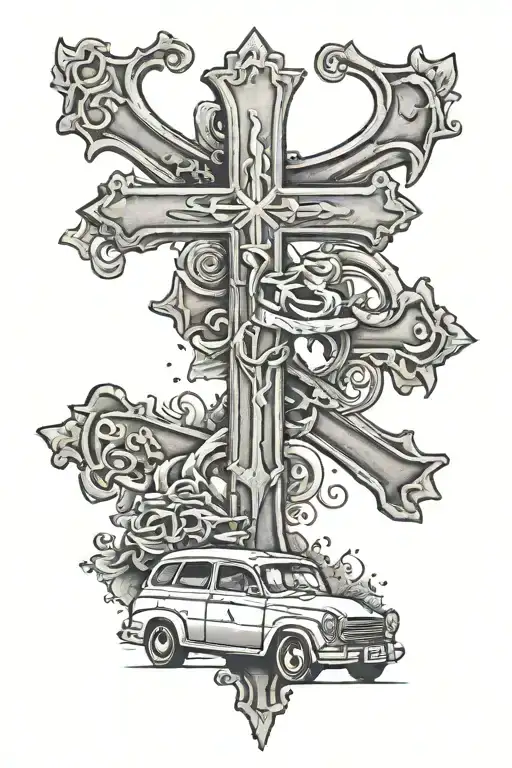 Empty cross in middle, The Word ALLEN across the top both left empty, around the cross and ALLEN a car on 3 wheels, city tattoo design idea