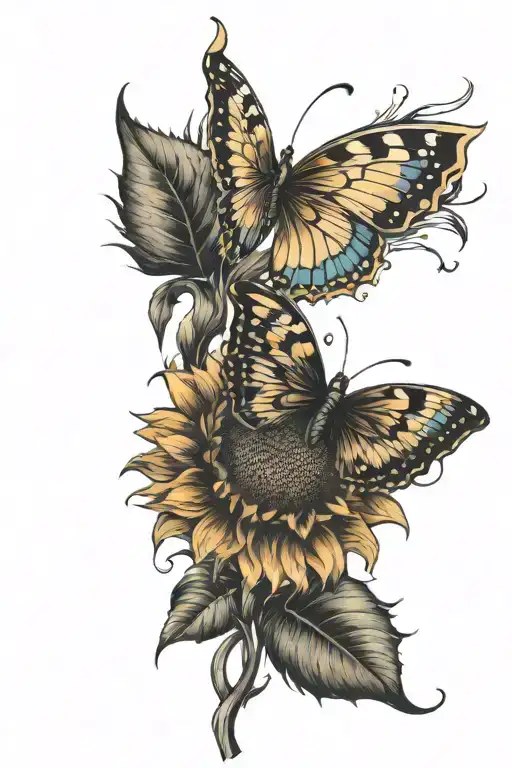 Sunflower with butterflies tattoo design idea