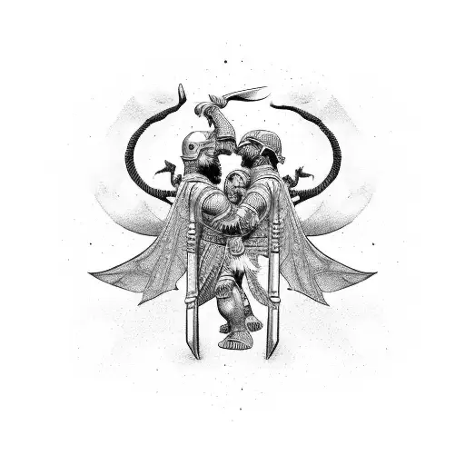 two gladiators fighting against a flying dragon tattoo black and white 4k detailed tattoo design idea