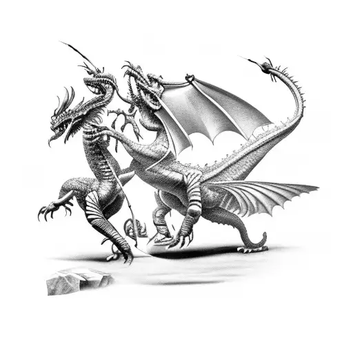 two gladiators fighting against a flying dragon black and white 4k detailed tattoo design idea