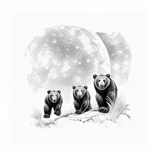 Humanoid bears 1 adult male grizzly and two cubs in hiking gear taking a break on an over look gazing up at a galaxy nig tattoo design idea