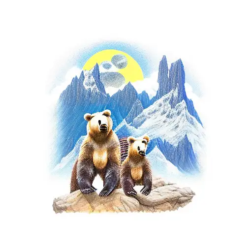 Humanoid bears 1 adult male grizzly and two cubs in hiking gear taking a break on an over look gazing up at a galaxy nig tattoo design idea