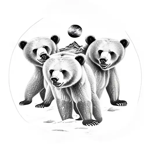 Humanoid bears 1 adult male grizzly and two cubs in hiking gear taking a break on an over look gazing up at a galaxy nig tattoo design idea