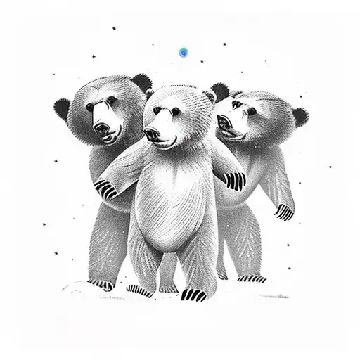 Humanoid bears 1 adult male grizzly and two cubs in hiking gear taking a break on an over look gazing up at a galaxy nig tattoo design idea