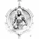 A victorious gladiator holding a trophy, surrounded by Roman architecture tattoo design idea