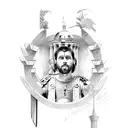 A victorious gladiator holding a trophy, surrounded by Roman architecture tattoo design idea