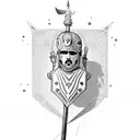 A victorious gladiator holding a trophy, surrounded by Roman architecture tattoo design idea